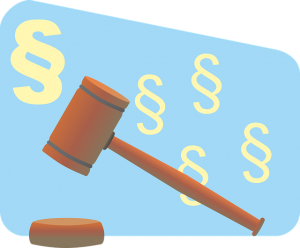 Judge's gavel on blue background with statute symbol